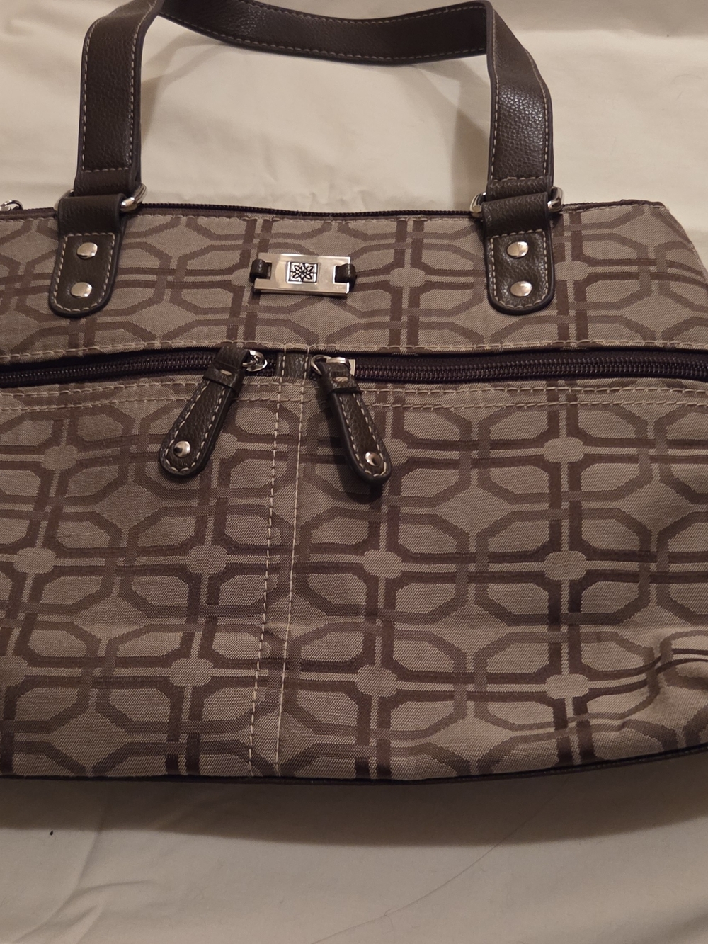 Neutral Geometric Tote Bag with Brown Trim